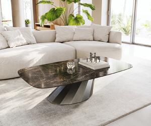 DELIFE Konferenčný stolík Edge zaoblený 140x80 cm keramika Laminam® Emperador Extra Lucidato tmavohnedá Parabi metalická strieborná
