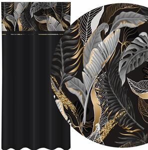 Klasický čierny záves s potlačou sivých a zlatých listov Šírka: 160 cm | Dĺžka: 270 cm