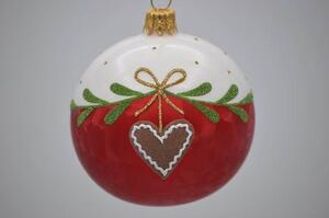 Vianočná guľka bielo - červená so srdiečkom 7 cm