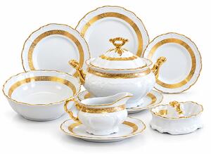 Maria Louise zlatá 27-dielna porcelánová obedová súprava pre 6 osôb (Luxusný český porcelán Thun 1794 s bohatým zlatým dekorom a výrazným reliéfom)