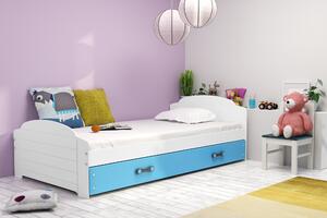 Interbeds Jednolôžková posteľ Lili2 biela pre teenagerov 200x90 s matracom a šuplíkom - modrá