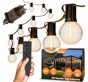 Smart LED Záhradná svetelná stmievateľná girlanda 15m/25x/LED žiarovka E12, diaľkové ovládanie