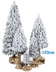 Zasnežený vianočný stromček na drevenom pni 120cm