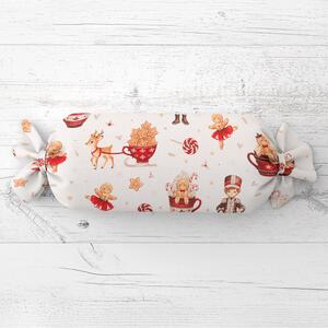 Biante Vianočný vankúš valec bonbon Sandra SA-798 Luskáčik a perníčky - červeno-hnedé na bielom 15x40 cm