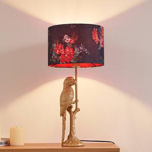 Lindby stolová lampa Marula, zlatá, kvetinový vzor, textil, E27, Mosadz / zlato, Obývacia izba / jedáleň, Textil / látka / hodváb, Moderný, Stojacie svietidlo