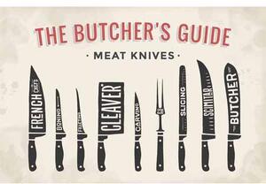Ceduľa The Butchers Guide - Meat Knives 30cm x 20cm Plechová tabuľa