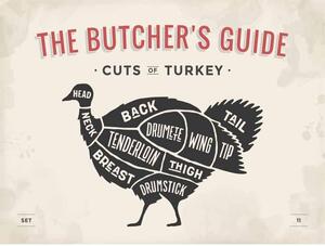 Ceduľa The Butchers Guide - Cuts of Turkey 30cm x 20cm Plechová tabuľa