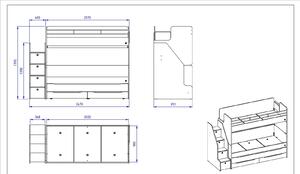 Poschodová posteľ s prístelkou, úložným priestorom a schodíky Pure Modular - biela