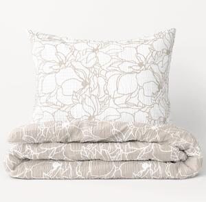 Goldea krepové posteľné obliečky - biele kvety na svetle béžovom 140 x 220 a 70 x 90 cm