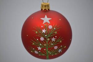 Vianočná guľka červená so stromčekom a hviezdičkou 7 cm