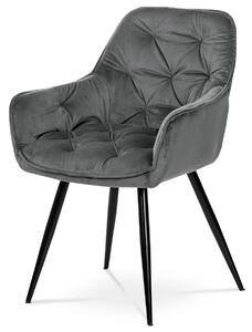 Jedálenská stolička, poťah sivá zamatová látka, kovová 4nohá podnož, čierny lak