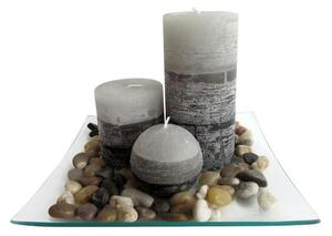 TORO Darčekový set 3 sviečok s vôňou jazmínu na sklenenom podnose s kameňmi