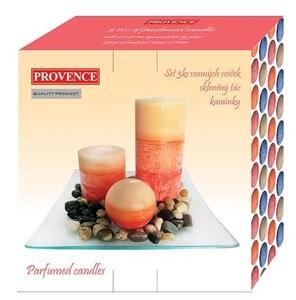TORO Darčekový set 3 sviečky, vôňa vanilka, na sklenenom podnose s kameňmi