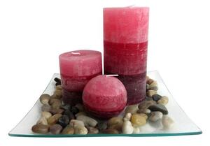 TORO Darčekový set 3 sviečky, vôňa škorice, na sklenenom podnose s kameňmi