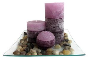 TORO Darčekový set 3 sviečok s vôňou levandule na sklenenom podnose s kameňmi