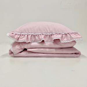Bavlnená posteľná bielizeň s dvojitým volánikom a krajkou, púdrová ružová