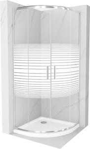 Mexen Rio, štvrťkruhový sprchovací kút s posuvnými dverami 90 x 90 cm, 5mm číre sklo-pásiky, chrómový profil + biela sprchová vanička, 863-090-090-01-20-4110