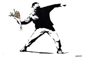 Plagát, Obraz - Banksy street art - graffiti throwing flowers, (59 x 42 cm)