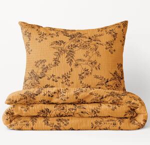 Goldea krepové posteľné obliečky - vzor 932 čierne kvety na tmavo oranžovom 140 x 200 a 70 x 90 cm