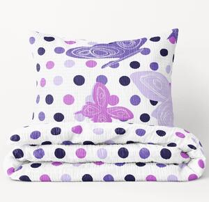 Goldea krepové posteľné obliečky - vzor 1022 fialovejú motýle s bodkami 140 x 200 a 70 x 90 cm