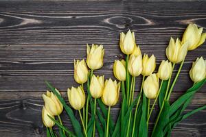 Fototapeta žlté tulipány na drevenom podklade
