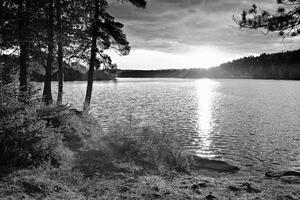 Fototapeta západ slnka nad jazerom v čiernobielom prevedení