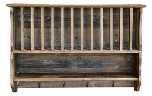 Hnedá antik drevená nástenná polička s priehradkami a háčikmi Plate Rack - 80*20*55 cm - Chic Antique