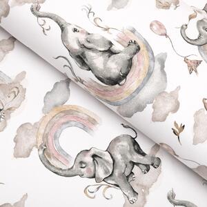 Detská bavlnená látka/plátno Sandra SA-462 Slony so sivohnedou dúhou na bielom - šírka 160 cm