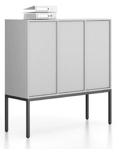 Kancelárska skriňa FRAME, nízka, čierna podnož, 3x dvere, 1299 x 450 x 1331 mm, PUSH-lock, sivá