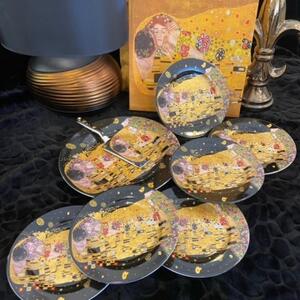 Dezertné prestieranie, sada 6 tanierov na dezert s misou a lopatkou na koláče, dezertné prestieranie, The Kiss Queen Isabell Gustav Klimt