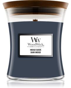 Woodwick Indigo Suede vonná sviečka s dreveným knotom 85 g