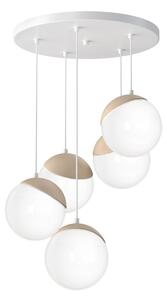 Závesné svietidlo Sfera, 5x biele sklenené tienidlo, w/drevo, o