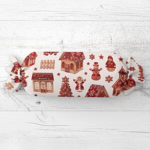 Biante Vianočný vankúš valec bonbon Sandra SA-806 Červené perníkové chalúpky a snehuliaci na bielom 15x40 cm