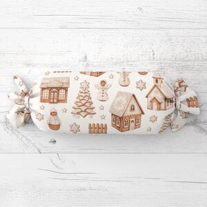Biante Vianočný vankúš valec bonbon Sandra SA-807 Hnedé perníkové chalúpky a snehuliaci na bielom 15x40 cm