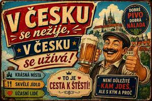 Plechová ceduľa V Česku se nežije, v Česku se užívá! - Plechová tabuľa