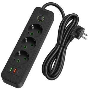 Toolight Toolight, JNH020-3A, predlžovacia lišta 3 zásuvky + 2× USB-A + USB-C, 1,8 m, čierna, OSW-56303