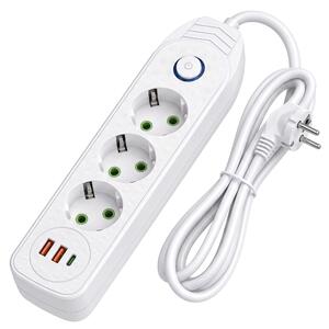 Toolight Toolight, JNH024-3B, predlžovacia lišta 3 zásuvky + 2× USB-A + USB-C, 1,8 m, biela, OSW-56207