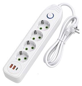 Toolight Toolight, JNH025-4B, predlžovacia lišta 4 zásuvky + 2× USB-A + USB-C, 1,8 m, biela, OSW-56209