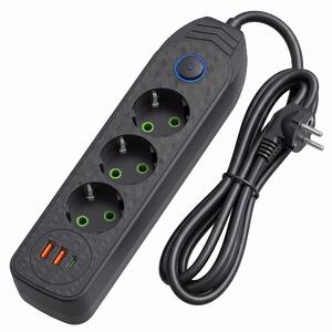 Toolight Toolight, JNH024-3B, predlžovacia lišta 3 zásuvky + 2× USB-A + USB-C, 1,8 m, čierna, OSW-56206