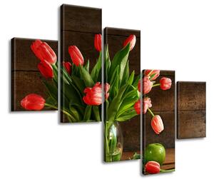 Obraz na plátne Nádherná kytica tulipánov a jablká - 5 dielny Veľkosť: 100 x 75 cm