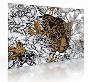 Sklenený obraz - Leopard medzi kvetmi (70x50 cm)