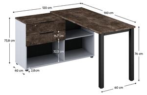 KONDELA Rohový PC stôl, sivá/betón tmavý, KLAUDIUS TYP 8