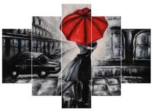 Obraz na plátne Červený bozk v daždi - 5 dielny Rozmery: 150 x 70 cm
