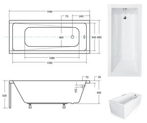 Obdĺžniková akrylátová Vaňa CLASSIC 150x70, lesklá biela, MW04DFP1571 + Krycí predný a bočný panel + automatický sifón (biely)