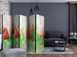 Artgeist Paraván - Red tulips on wood [Room Dividers]