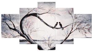 Obraz na plátne Vtáčia láska na konári - 5 dielny Rozmery: 125 x 70 cm
