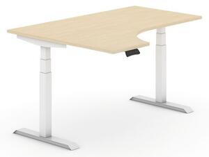 Výškovo nastaviteľný stôl, elektrický, 625-1275 mm, ergonomický ľavý, doska 1600x1200 mm, breza, biela podnož