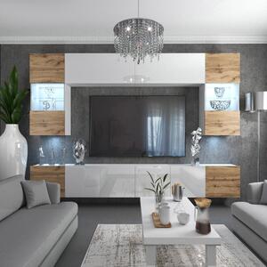 Obývacia stena Belini Premium Full Version biely lesk / dub wotan + LED osvetlenie Nexum 6