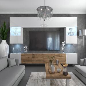 Obývacia stena Belini Premium Full Version biely lesk / dub wotan + LED osvetlenie Nexum 8
