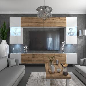 Obývacia stena Belini Premium Full Version biely lesk / dub wotan + LED osvetlenie Nexum 7
